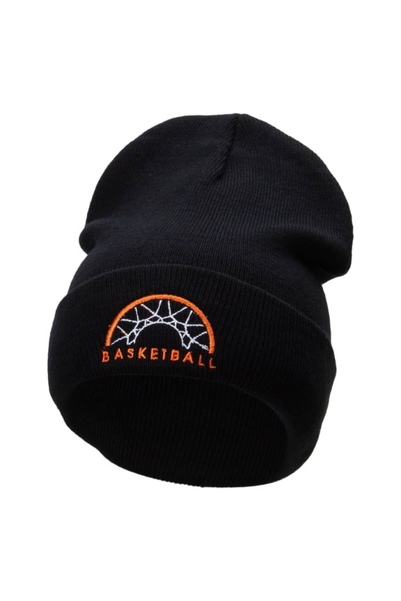 Basketball Basket Logo Embroidered 12 Inch Long Knitted Beanie - Black OSFM