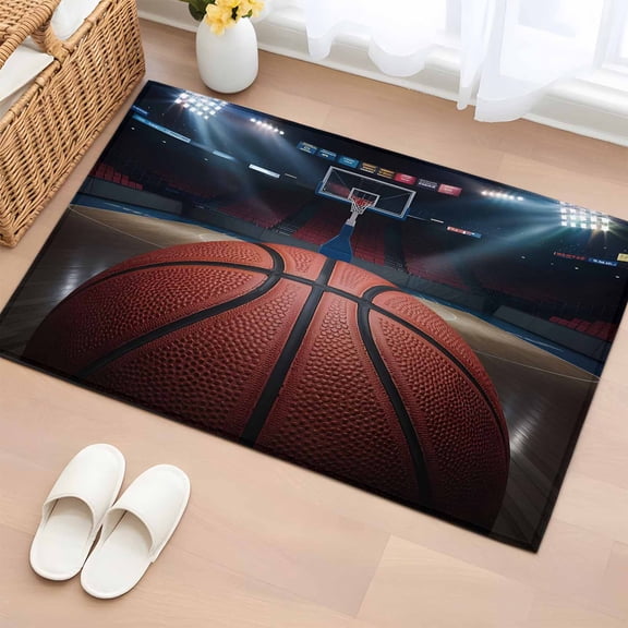 Basketball Bathroom Rug Washable 2x3 Entryway Rug Non Slip Sports Theme Stadium Field Lights Ball Front Door Mat Low Pile Indoor Doormat Throw Floor Carpet for Kitchen Bedroom Entrance