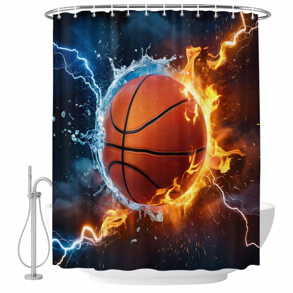 Basketball Bathroom Shower Curtains with Hooks, Water and Fire Lightning Impact Waterproof Fabric Washable Shower Curtain for Home Hotel Bathtub Decor 54x78 Inch