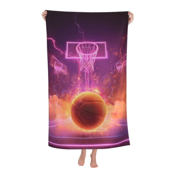 Basketball Beach Towel 32 X 52 Inch, Microfiber Pink Neon Hoop Lightning Design, Quick Dry Sand Resistant Towel For Sports Events