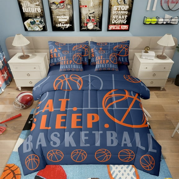 Basketball Bed in a Bag Twin Sport Game Ball Theme Comforter Set with Sheets Basketball Room Decor Bed Set Sports Bedding Sets Teen Sports Sheets 7 Pcs Navy Blue Orange