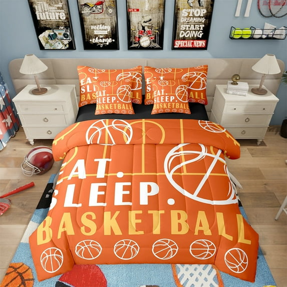 Basketball Bed in a Bag Twin Sport Game Ball Theme Comforter Set with Sheets Basketball Room Decor Bed Set Sports Bedding Sets Teen Sports Sheets 7 Pcs White Orange