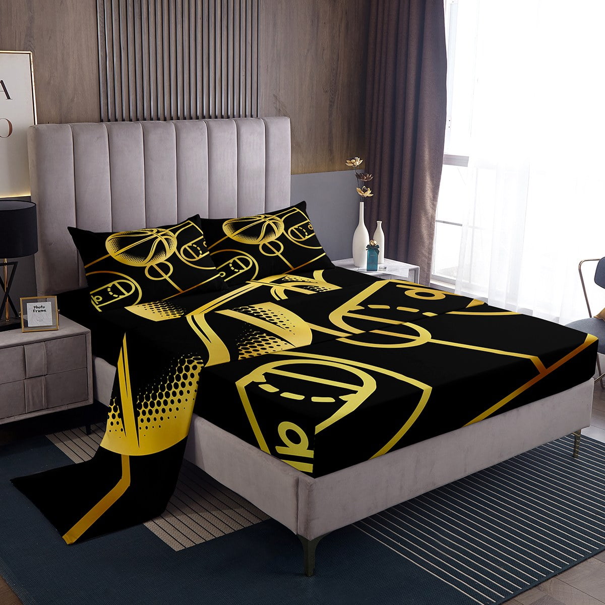 Basketball Bed Sheets Set For Boys, Black Gold Sheets Full, Black And