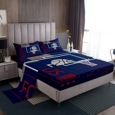Basketball Bed&nbsp;Sheets Set Twin Size Sports Theme Bedding Sets,Basketball Field Fitted Sheet Set Red Blue Ball Games Sheets Bedroom Decor with 1 Pillowcase