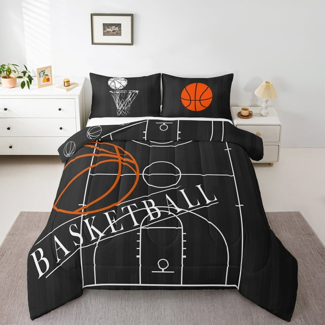 Basketball Bedding Queen Size Sports Theme Comforter Set, Ball Gamer Duvet Insert Basketball Printed Reversible Quilt Set, Black Bedding Comforters & Sets