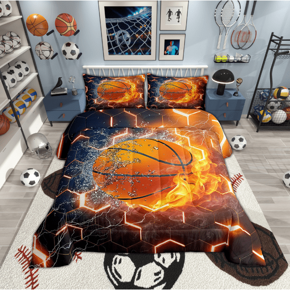 Basketball Bedding Set , Neon Honeycomb Comforter Set Twin Size Sports Games Ice And Fire Ball Quilt For Teens Teensge, Geometric Hexagon Duvet Insert Basketball Decor Bedroom, Gold