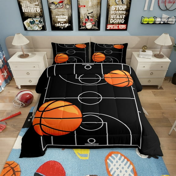 Basketball Bedding Sets Twin Size Sports Comforter Set Basketball Game Themed Bedding Comforter Sets Basketball Field Print Down Comforter Teen Sports Game Duvet Set