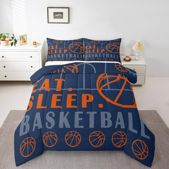 Basketball Bedding Sets Twin Sport Game Ball Theme Comforter Sets Basketball Room Decor Down Comforter Sports Comforter Sets Teen Sports Bedding Bed Set 2 Pcs Navy Blue Orange