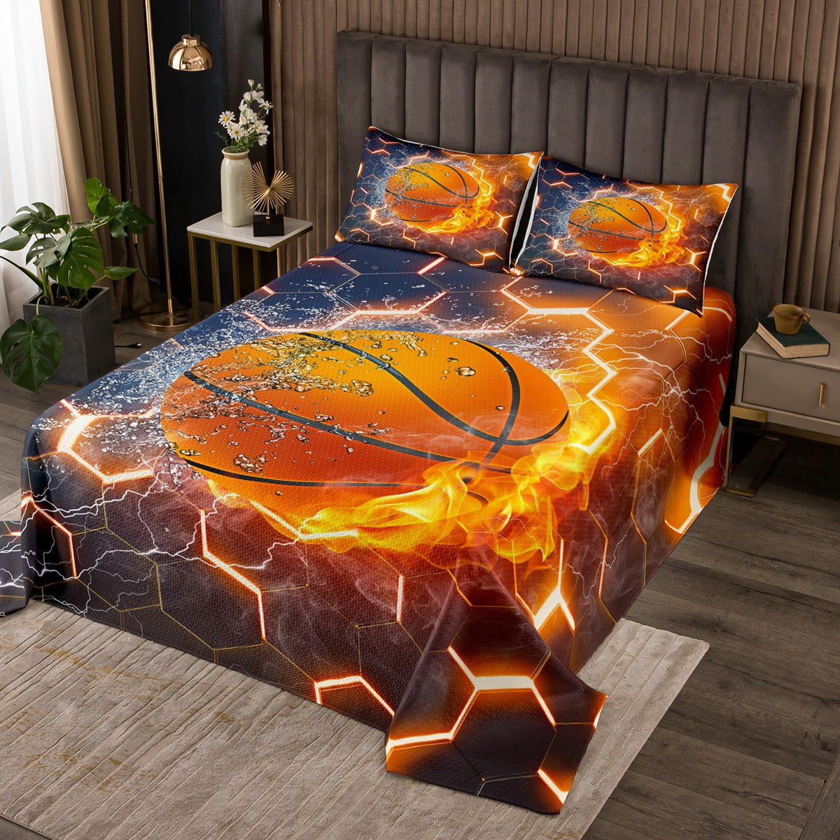 Basketball Bedspread Set For Boys, Neon Coverlet Set King