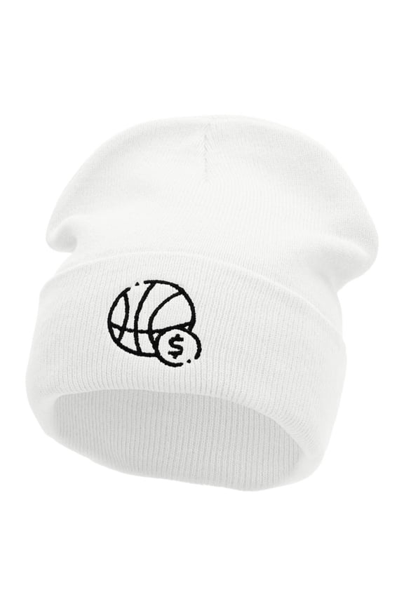 Basketball Bet Embroidered 12 inch Acrylic Cuffed Long Beanie - White OSFM