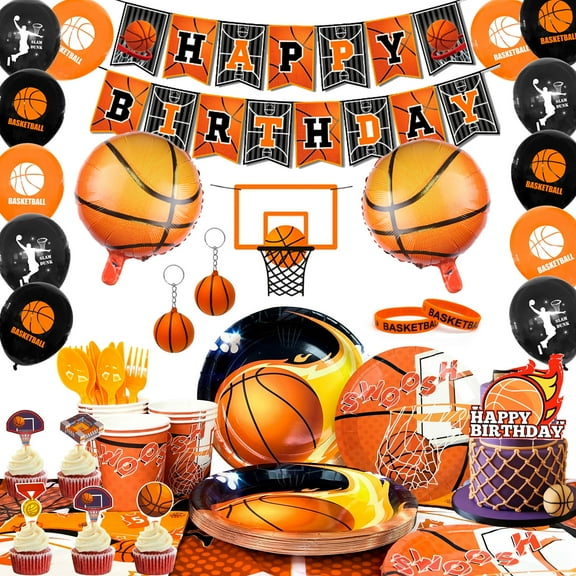 Basketball Birthday Decorations, 160pcs Basketball Party Decorations&Tableware Set-Basketball Plates Napkins Table Cloth Balloon Wristband Keychain etc Basketball Birthday Party Supplies for Kids