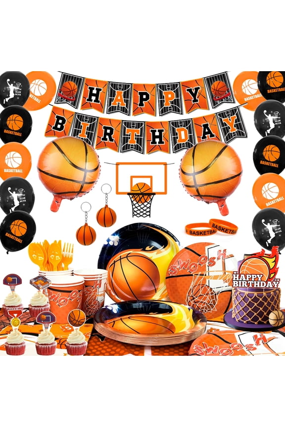 Basketball Birthday Decorations, 160pcs Basketball Party Decorations&Tableware Set-Basketball Plates Napkins Table Cloth Balloon Wristband Keychain etc Basketball Birthday Party Supplies for Kids