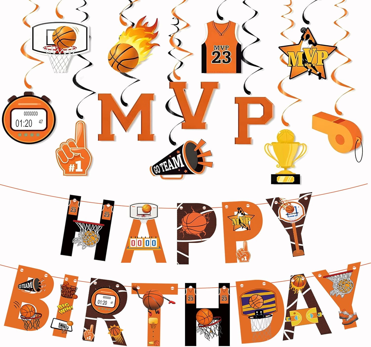 Basketball Birthday Party Decorations Kit - Banner & Hanging Swirls For Sports Theme Parties