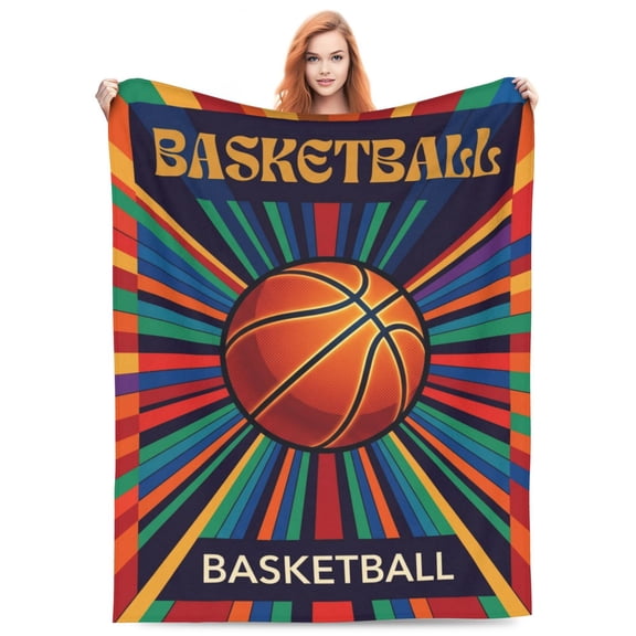 Basketball Blanket, 70s Retro Rainbow Stripes Groovy Graphic, Comfortable Fleece Decorative Throw 50x40