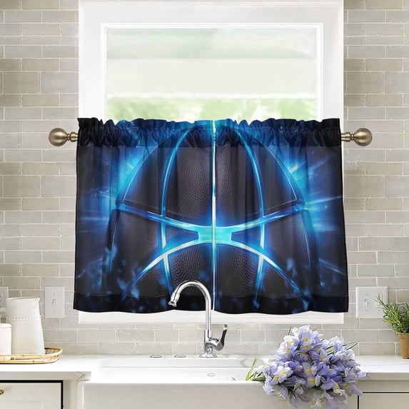 Basketball with Blue Light Half Window Tier Curtains 36 Inch Blackout Thermal Insulating Kitchen Linen Tier Curtains for Kitchen, Bathroom, Cafe Home Decor