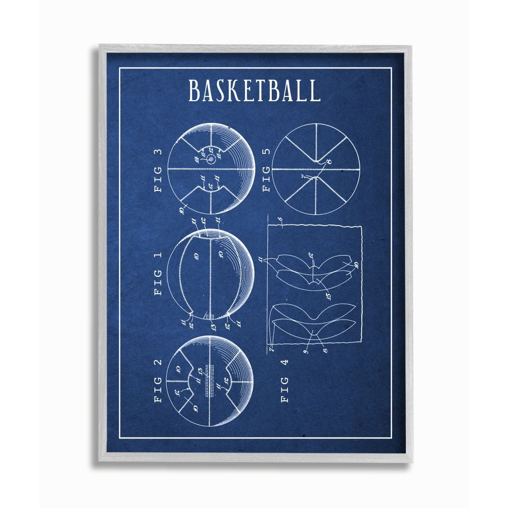 Basketball Blueprint Vintage Sports Design Gray Farmhouse Rustic Oversized Framed Giclee Texturized Art by Daphne Polselli
