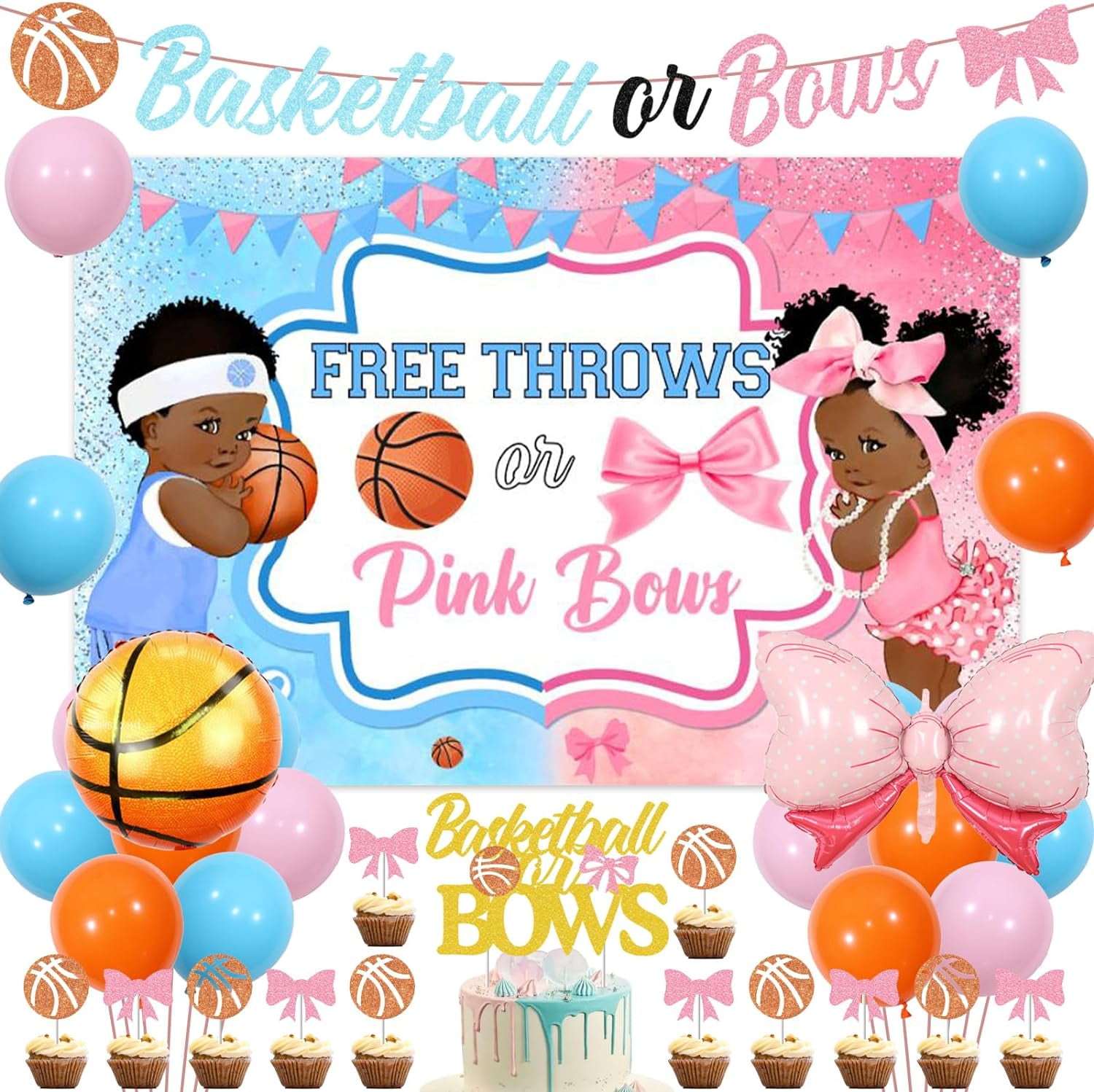 Basketball or Bows Gender Reveal Decorations Free Throws or Pink Bows