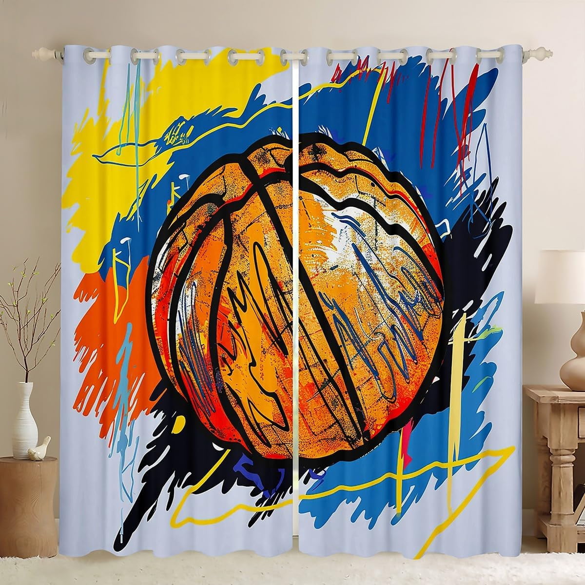 Basketball Boys Window Curtain,Colorful Graffiti Basketball Curtains,Fashion Sports Theme Window
