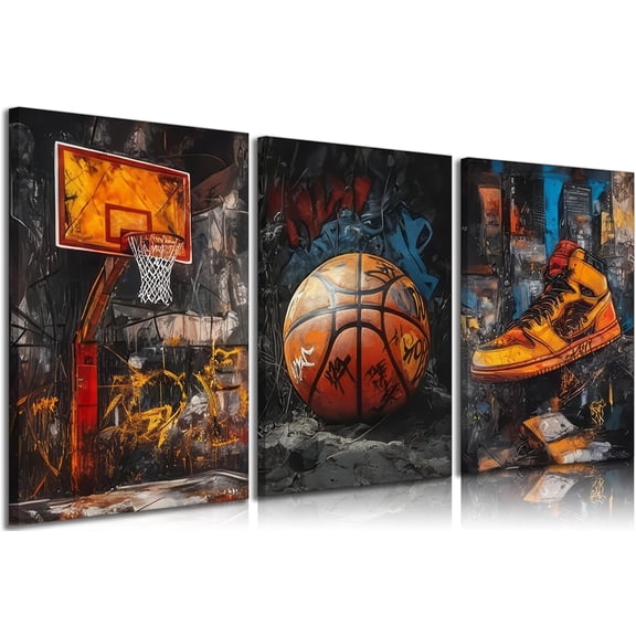 Basketball Canvas Wall Art Basketball Court Sneakers Pictures Wall Decor Retro Abstract Graffiti Teen Posters Prints for Teen Boys Living Room Bedroom Decoration 12x16 inch Unframed