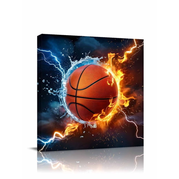 Basketball Canvas Wall Art, Water and Fire Lightning Impact Framed Wall Decor Modern Artwork Prints Painting for Living Room, Bedroom, Kitchen & Cafe Decor 28x28 Inch