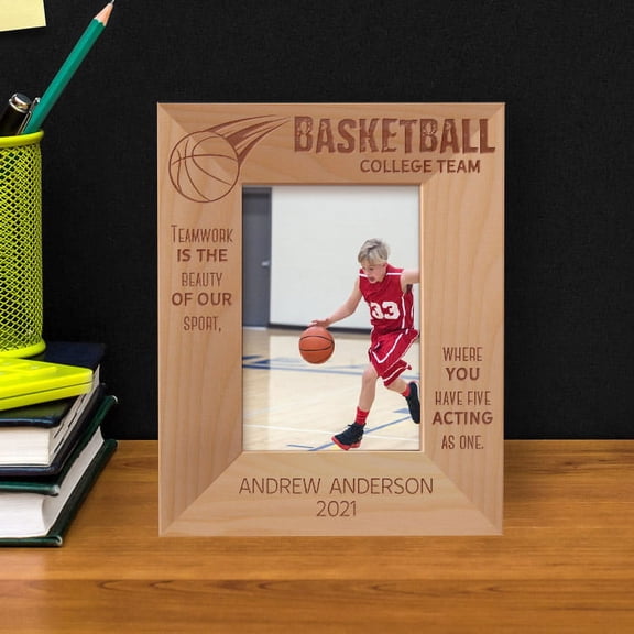 Basketball College Team Personalized Wooden Frame 3 1/2" x 5" Brown (Vertical)