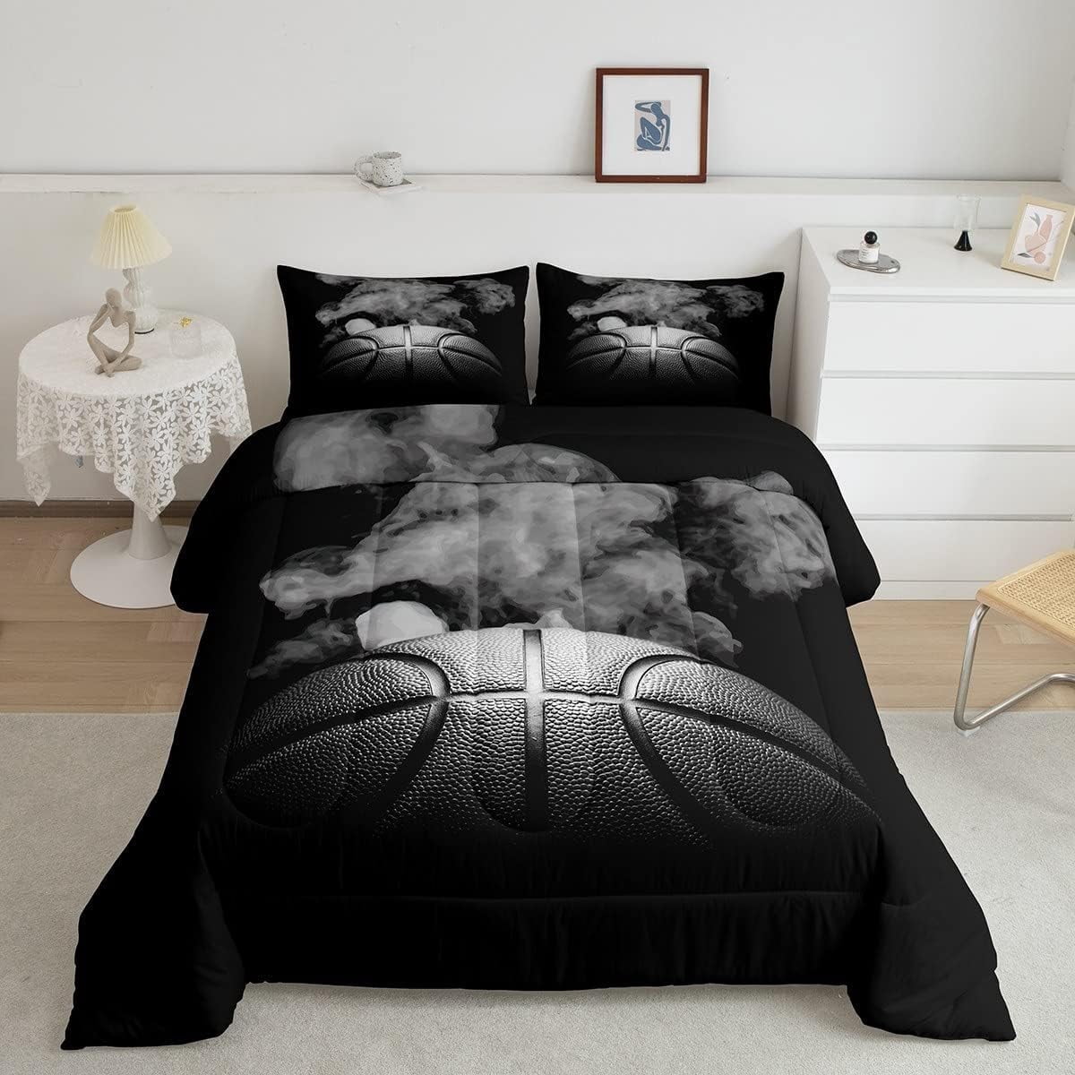 Basketball Comforter Set Teen Full Size Sports Basketball Bedding Set Basketball Room Decor Reversible Black Down Comforter Grey Hippie Smoke Quilt Duvet Insert 2 Pillow Case