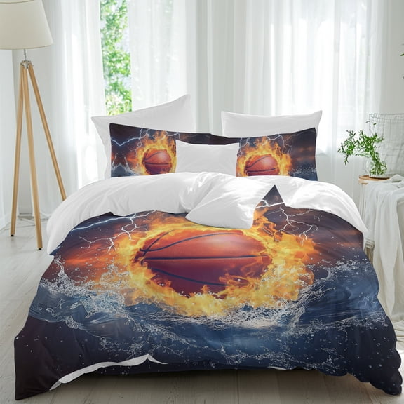 Basketball Comforter Set Queen Size, Abstract Fire and Water Lightning Impact Soft Bedding Set for Man Woman, 4 Pieces Duvet Cover Set with Fitted Sheet, 2 Pillowcases