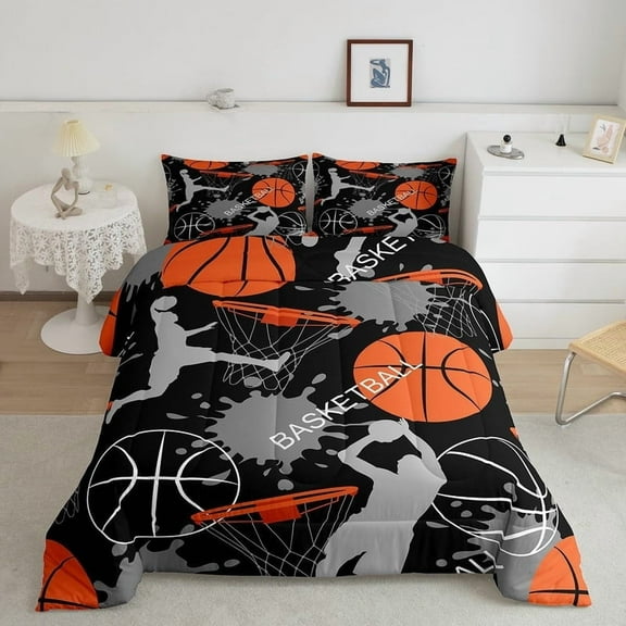 Basketball Comforter Set Twin Size - Black & Orange Sports Bedding for Boys & Teens, Soft Duvet Cover with Pillowcases, Cool Basketball Room Decor for Kids