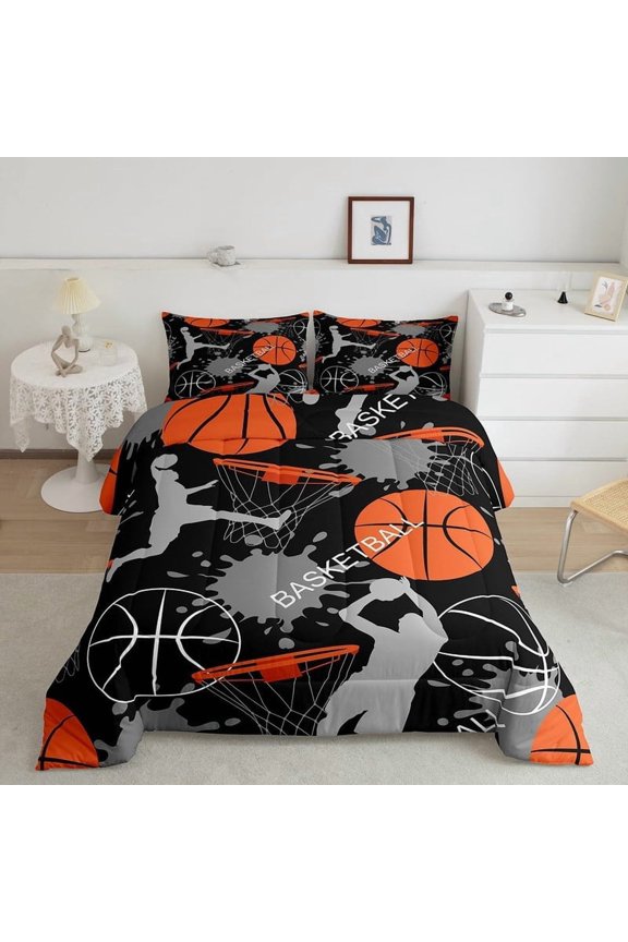 Basketball Comforter Set Twin Size - Black & Orange Sports Bedding for Boys & Teens, Soft Duvet Cover with Pillowcases, Cool Basketball Room Decor for Kids