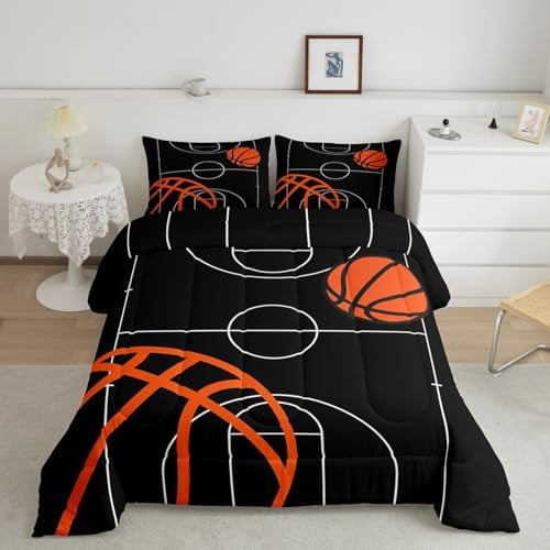 Basketball Comforter Set Twin Size Kids 3D Ball Comforter for Boys Girls Teens Gaming Sports Bedding Set Green Blue Neon Galaxy Duvet Set Basketball Room Decor Quilt Set