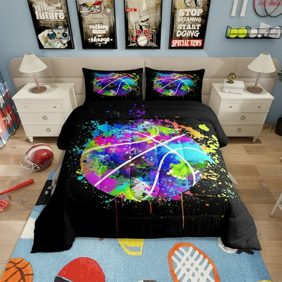 Basketball Comforter Set Twin Size,Watercolor Tie-dye Duvet Insert Teen Room Decor,Color Graffiti Hip Hop Style Quilted Duvet,Cartoon Sport Gaming Quilt Cover with 1 Pillowcase