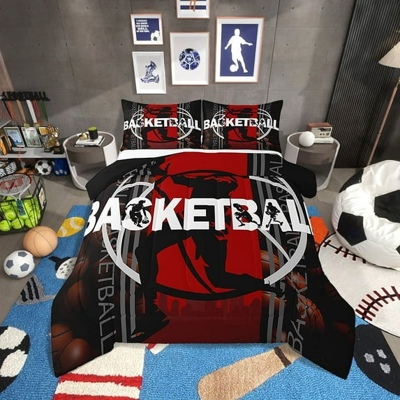 Basketball Comforter&nbsp;Set Basketball Bedding Set,Sports Themed Bed Comforter&nbsp;Sets Red Black White Ball Games Quilt Bed Set Room Decor with 1 Pillowcase