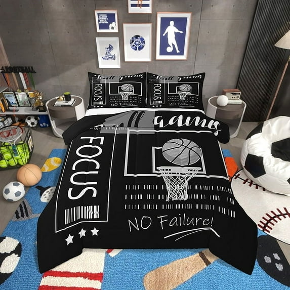 Basketball Comforter Set Basketball Court Bedding Set,Black White Sports Themed Bed Comforter Sets Ball Gaming Quilt Bed Set Room Decor with 1 Pillowcase