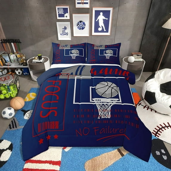 Basketball Comforter Set Full Size Sports Theme Bedding Sets,Basketball Field Down Comforter Red Blue Ball Games Quilt Bed Set Bedroom Decor with 2 Pillowcases