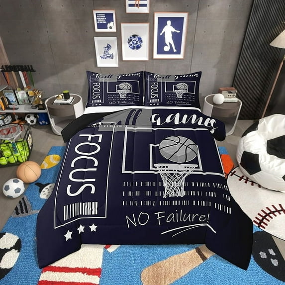 Basketball Comforter Set Queen Size Sports Theme Bedding Sets,Dark Blue Basketball Court Down Comforter Ball Gaming Quilt Bed Set Room Decor with 2 Pillowcases