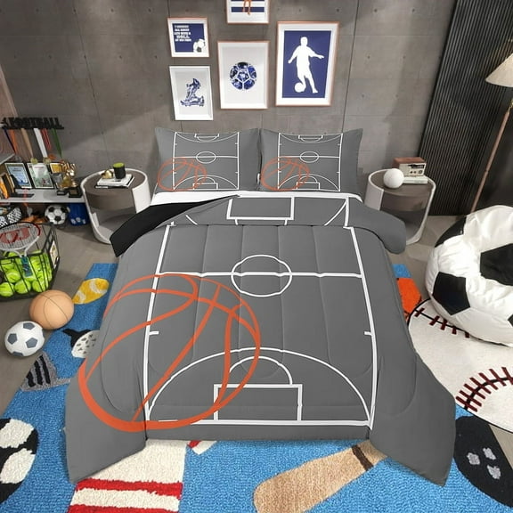 Basketball Comforter&nbsp;Set Twin Size Basketball Bedding Set Teens,Gaming Sports Down Comforter Gray Basketball Court Quilt Bed Set Bedroom Decor with 1 Pillowcase