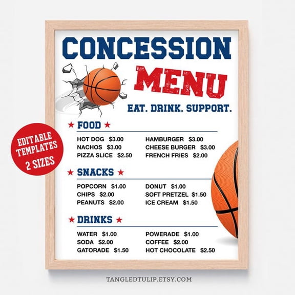 Basketball Concession Menu Poster | Basketball Refreshment Stand Price List | Printable Editable Template | CON1, Unframed Paper Poster 8x10in