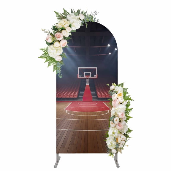 Basketball Court Arch Backdrop Cover 5FT, Indoor Sports Field Scene Modern Spandex Fitted Stretchy Arch Stand Covers, Round Top Chiara Backdrop Cover for Wedding Party Birthday Baby Shower
