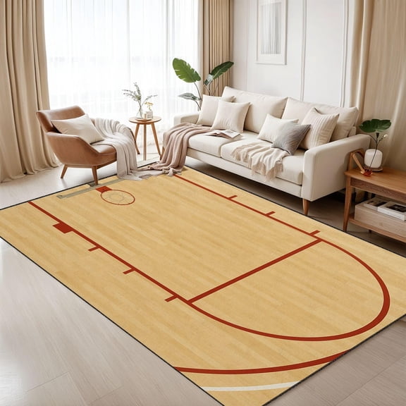 Basketball Court Area Rug, Aerial Half Court Pattern Carpet, Washable Non Slip Low Pile Soft Thin, Bedroom Game Room Study Office Home Decor Mat 4x5ft