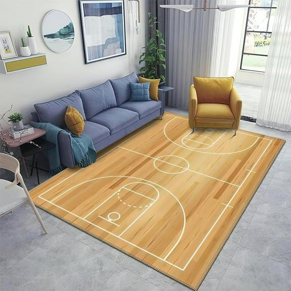 Basketball Court Area Rug, Wooden Texture Indoor Non Slip Print Rugs, Machine Washable Breathable Durable Carpet For Living Room Entryway Bedroom Dormitory 1x2ft