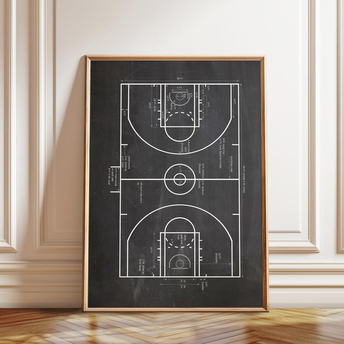 Basketball Court Blueprint Minimalist Sports Decoration, Unframed Paper ...