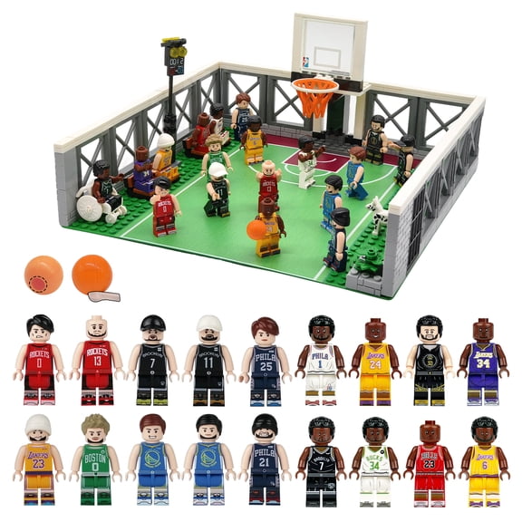 Basketball Court Building Block Set, Half Court, with 18 Sport Figures, Mini Basketball Accessory, Bench, Hoop, for Basketball Fans