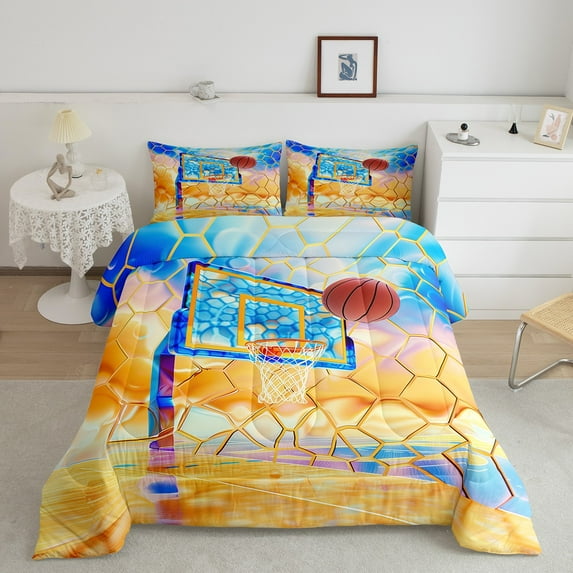 Basketball Court Queen Comforter Set Sports Themed Bedding Set, Watercolor Oil Painting Bedding Comforter Sets Geometric Honeycomb Beehive Duvet Set, 3D Cartoon Ball Quilted Comforter