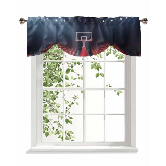 Basketball Court Tie Up Valances Curtain, Indoor Gym Scene Sport Sports Field Kitchen Valances for Windows Decor, Rod Pocket Short Curtains Set for Bedroom/Bathroom, 42"x18"