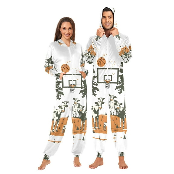 Basketball Cow Adult Onesie Pajamas Slim Fit Christmas One Piece Suit Pjs for Women and Men Hooded Zipper