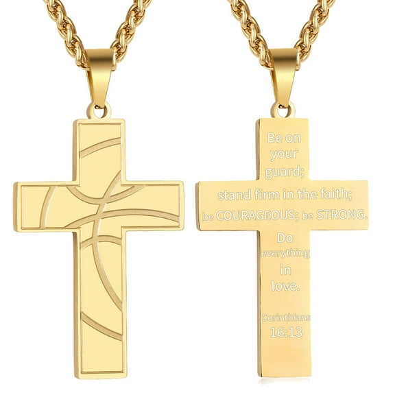 APSVO Gold Plated Basketball Themed Cross Necklace for Men Stuff Accessories Pendant Chain Christian Religious Birthday Jewelry Gifts Ideas Teen Son Dad Team Game Day Sports Athlete Age