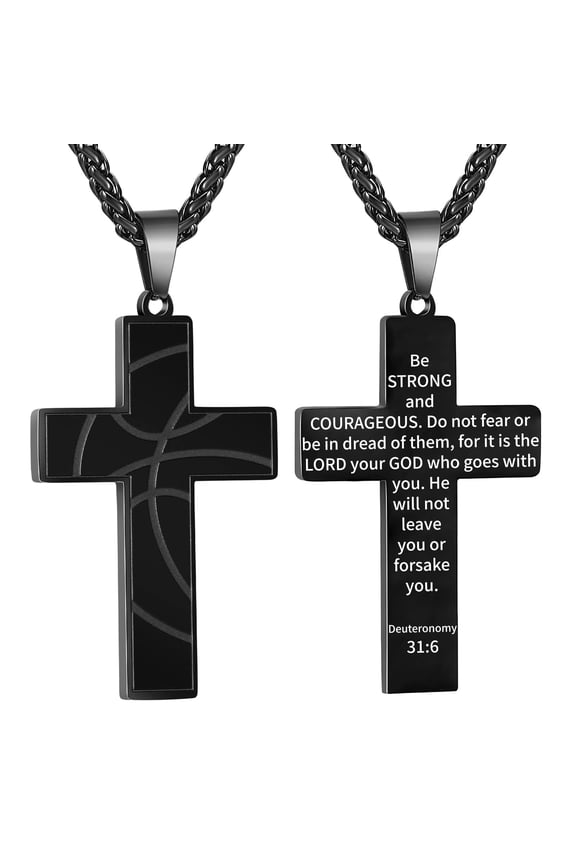 Black Basketball Themed Cross Necklace for Men Stuff Accessories Pendant Chain Christian Religious Birthday Jewelry Gifts Ideas Teen Boyfriend Son Dad Team Game Day Sports Athlete Age
