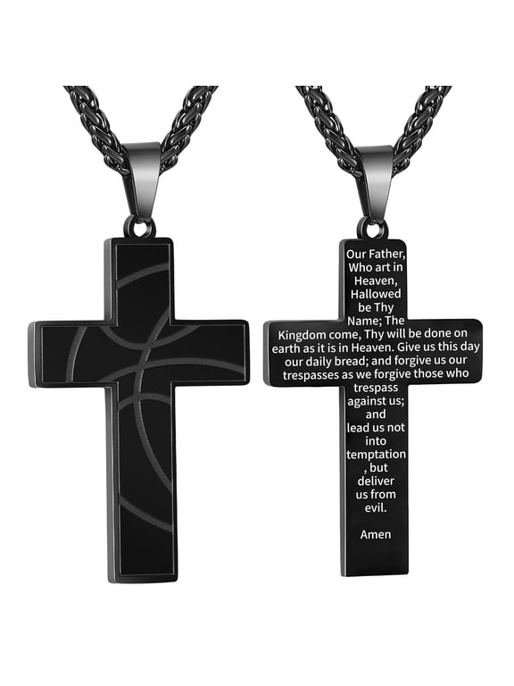 Black Basketball Themed Cross Necklace for Men Stuff Accessories Pendant Chain Christian Religious Birthday Jewelry Gifts Ideas Teen Boyfriend Son Dad Team Game Day Sports Athlete Age