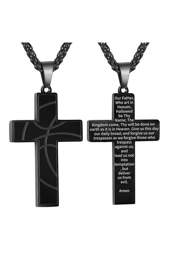 Black Basketball Themed Cross Necklace for Men Stuff Accessories Pendant Chain Christian Religious Birthday Jewelry Gifts Ideas Teen Boyfriend Son Dad Team Game Day Sports Athlete Age