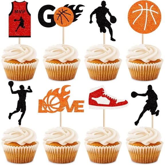 Basketball Cupcake Toppers, Sports Theme Glitter Decorations for Birthday and Baby Shower, 12 Pack